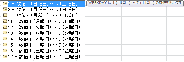 Weekday 関数の第2パラメータ